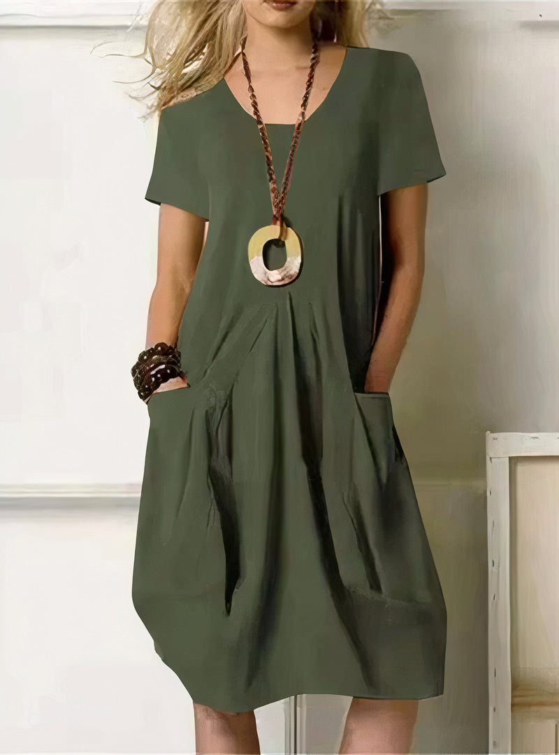 Elastisches A-Linien Damen Midikleid mit Taschen – Yelina