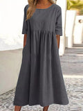 Midikleid Streifen Blau Halbarm Baumwolle Leinen – Elanora
