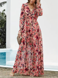Geblümtes Maxikleid mit V-Ausschnitt und Falten – Helena