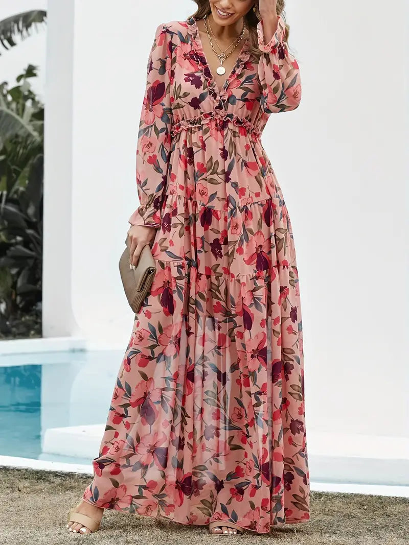 Geblümtes Maxikleid mit V-Ausschnitt und Falten – Helena