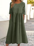 Midikleid Streifen Blau Halbarm Baumwolle Leinen – Elanora