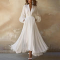 Vintage Maxikleid Damen Weiß V-Ausschnitt Langarm – Alina