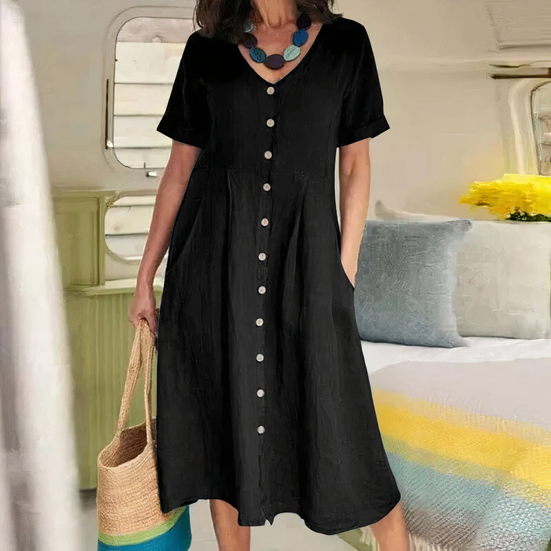 Knopfkleid Damen locker elegant V-Ausschnitt Sommer – Selina
