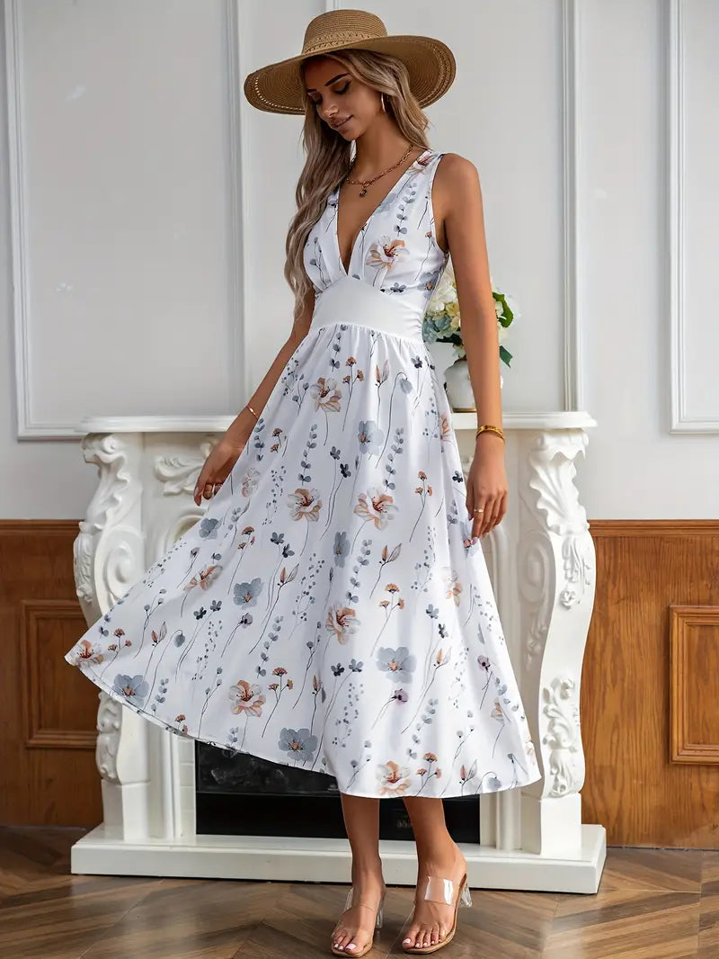 Ärmelloses Midikleid mit Blumendruck und Ausschnitt – Lina