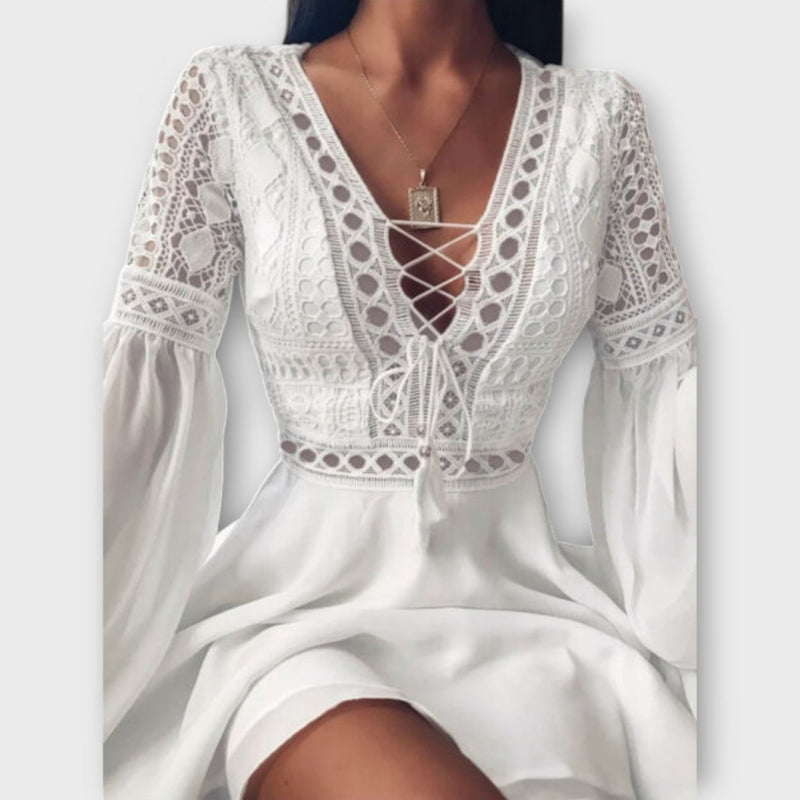 Boho Kleid Damen Spitze V-Ausschnitt Elegant Luftig – Serenava