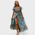 Boho Maxikleid mit Blumenmuster und V-Ausschnitt – Selina