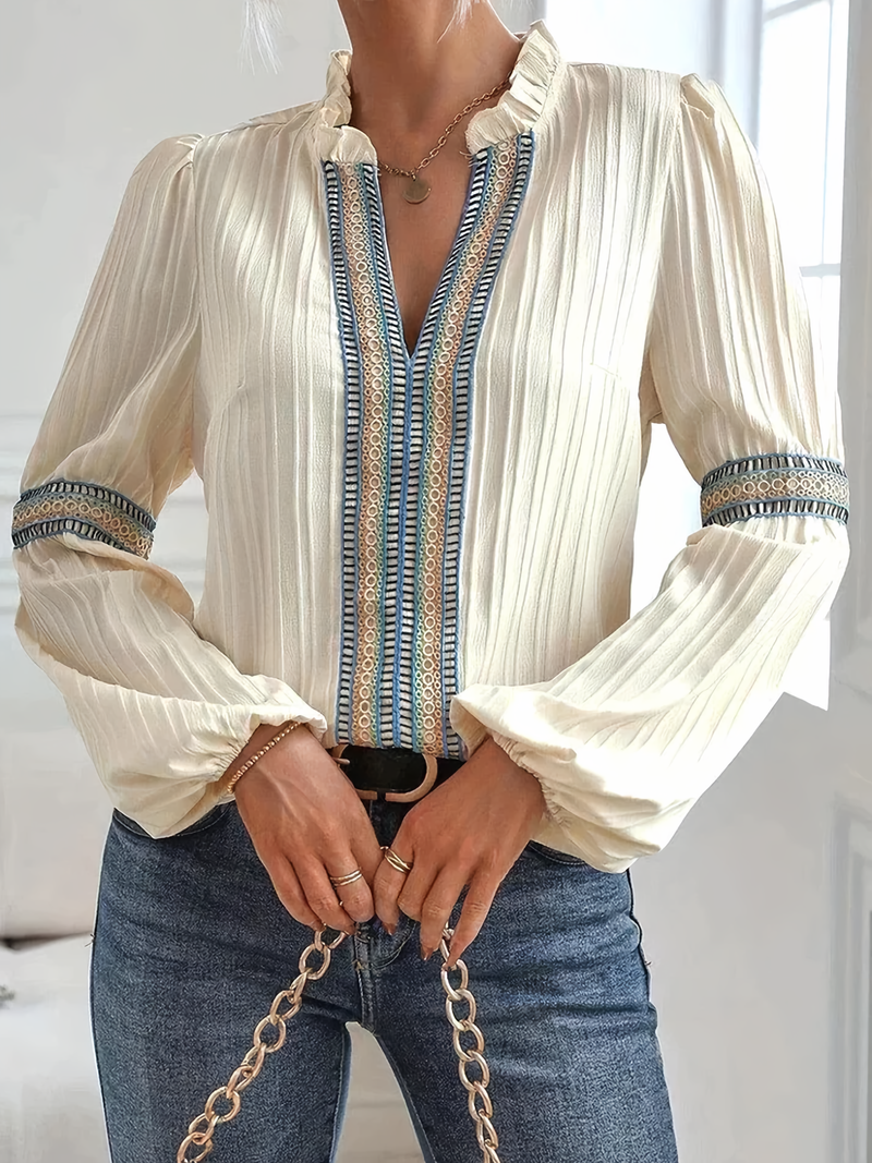 Damen Bluse V-Ausschnitt Stickerei Chic – Nora