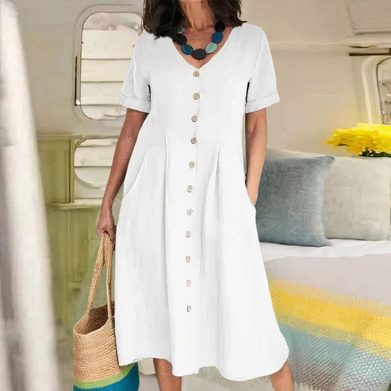 Knopfkleid Damen locker elegant V-Ausschnitt Sommer – Selina
