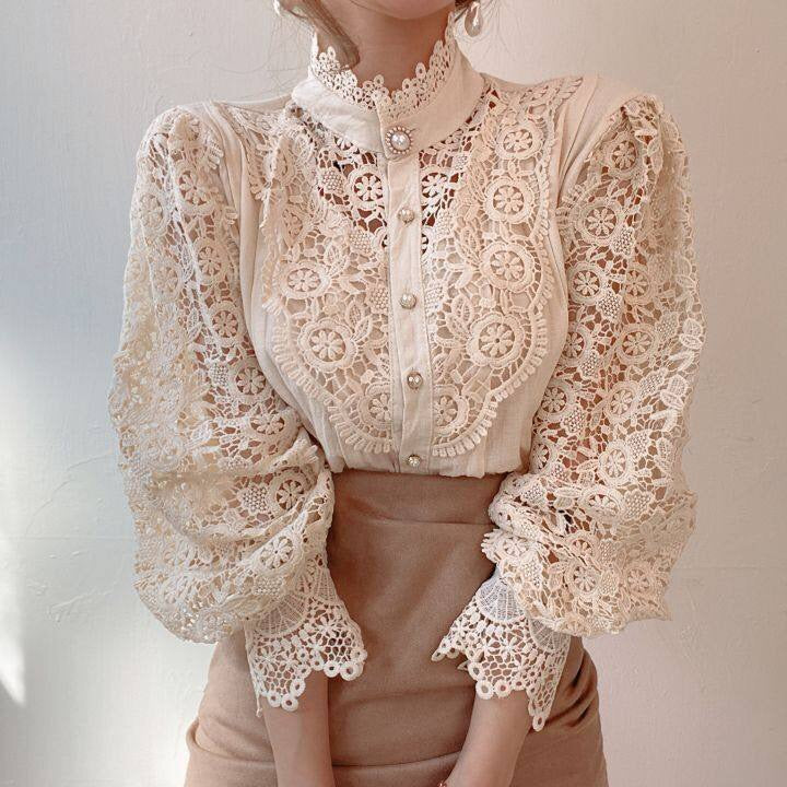 Elegante Spitzenbluse mit Puffärmeln für Damen – Sophie