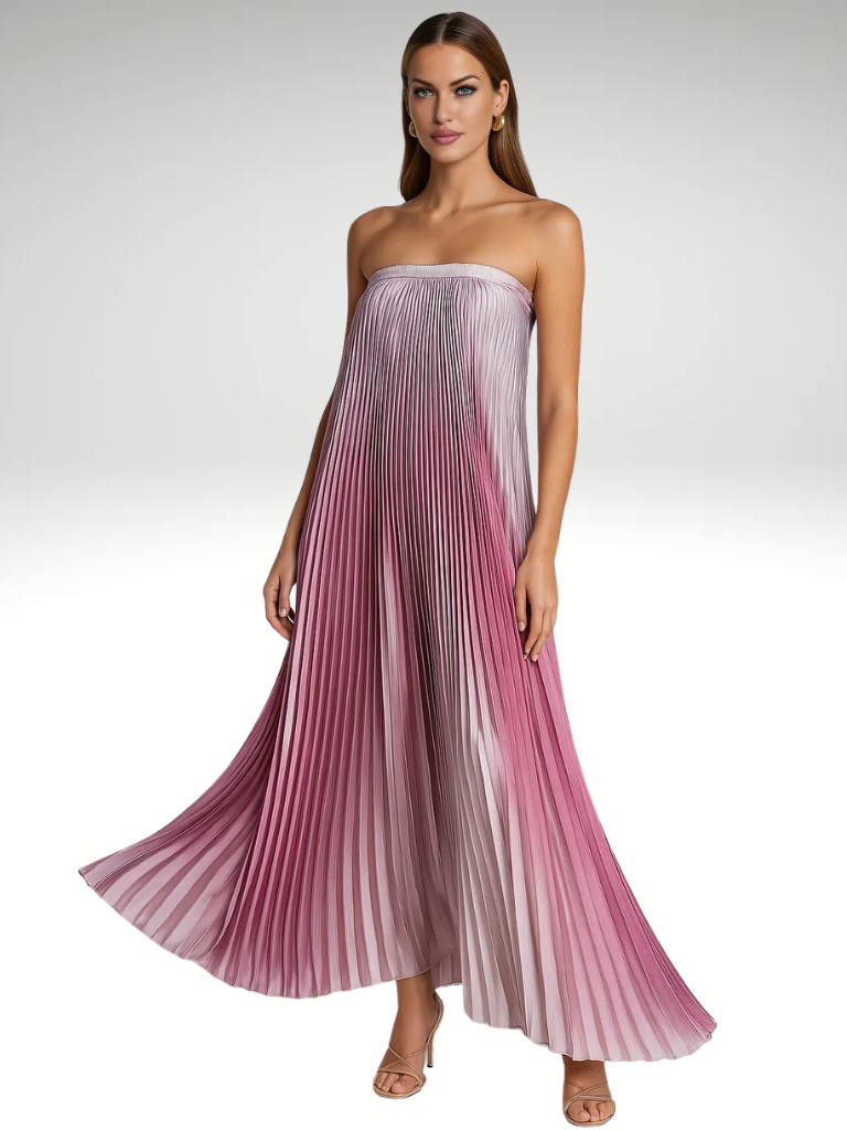 Plissee Maxikleid Rosé Flieder Schulterfrei – Amélie