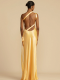 Asymmetrisches Kleid Gelb Satin Glänzend – Livia