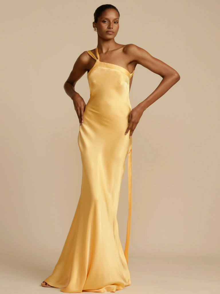 Asymmetrisches Kleid Gelb Satin Glänzend – Livia