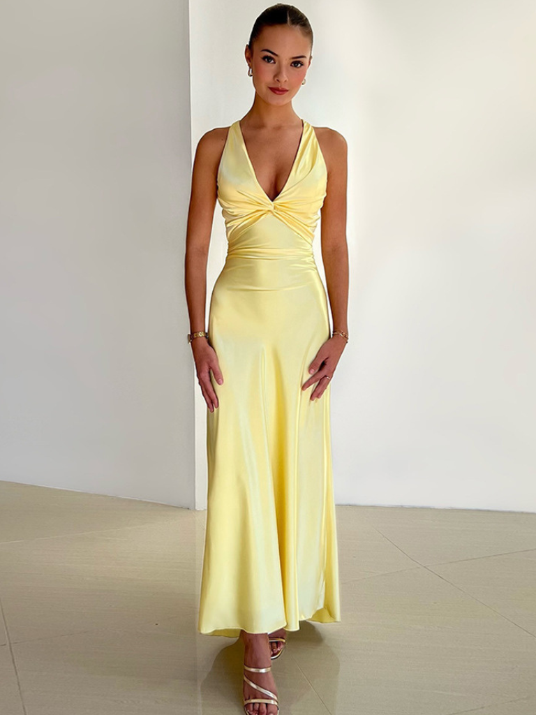 Yellow Dream Kleid Satin Rücken Schleife – Camille