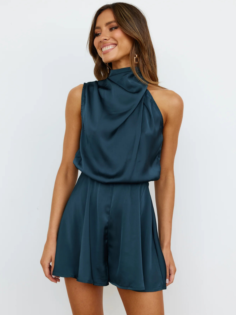 Sommer Romper Satin Schwarz Blau Teal – Noemi