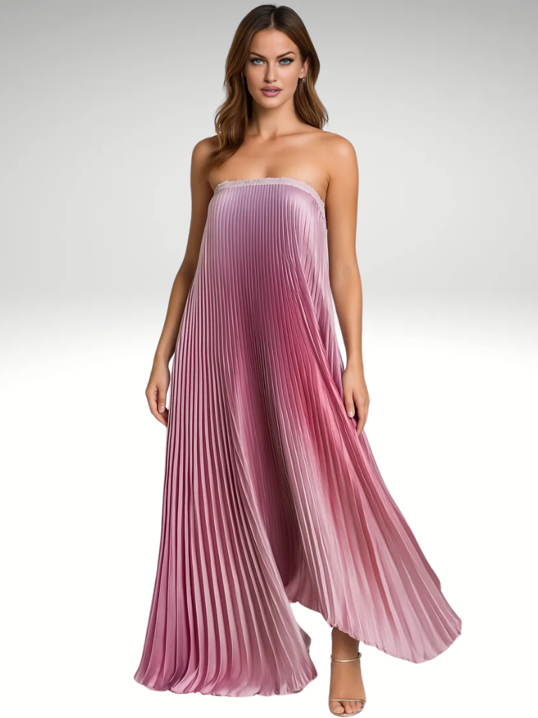 Plissee Maxikleid Rosé Flieder Schulterfrei – Amélie