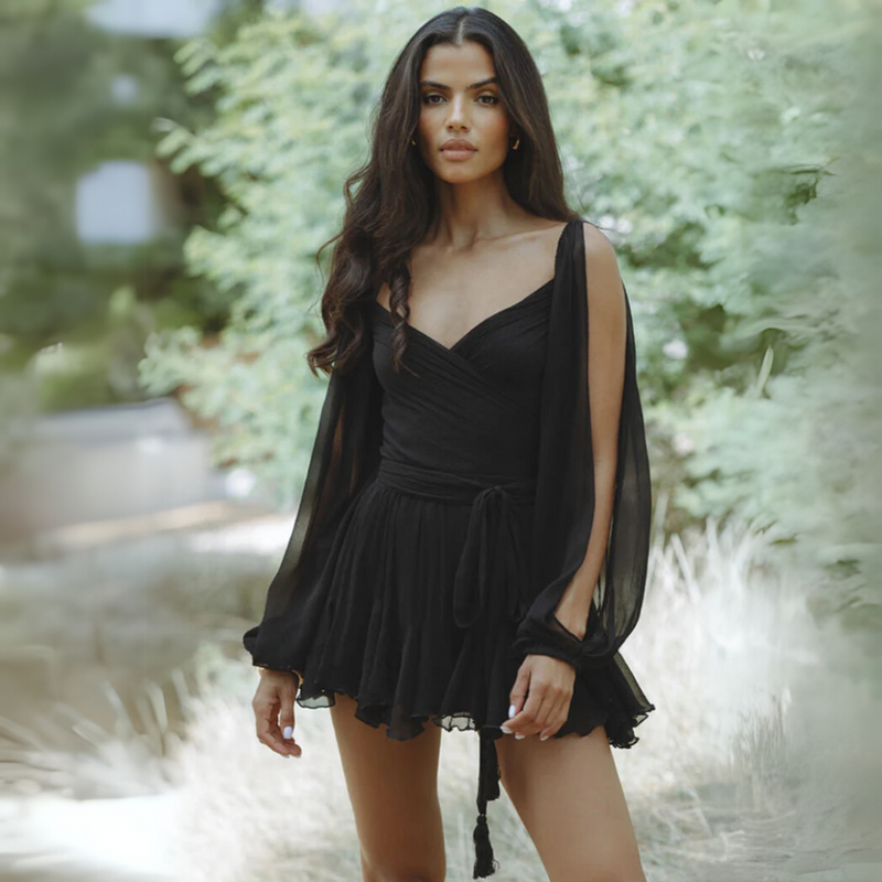 Schwarzes Chiffon Minikleid mit Drapierung – Alenya