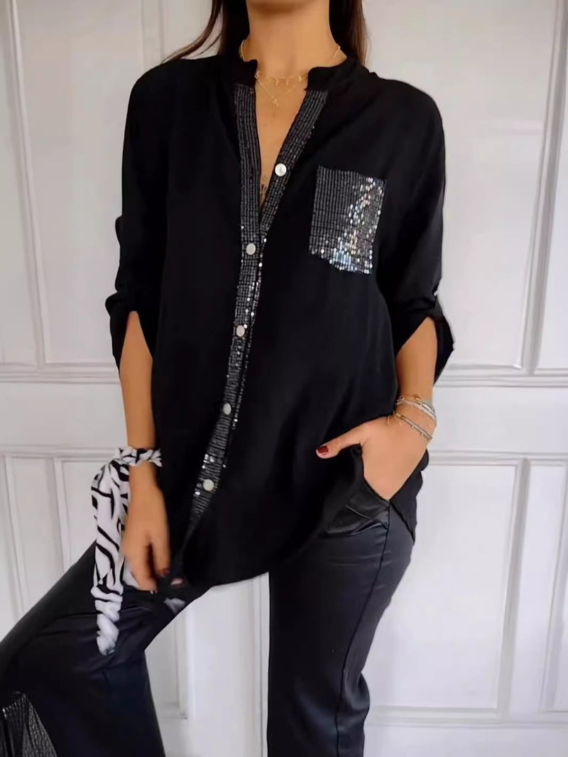 Damen Bluse Pailletten Elegant Button-Up Look – Lara