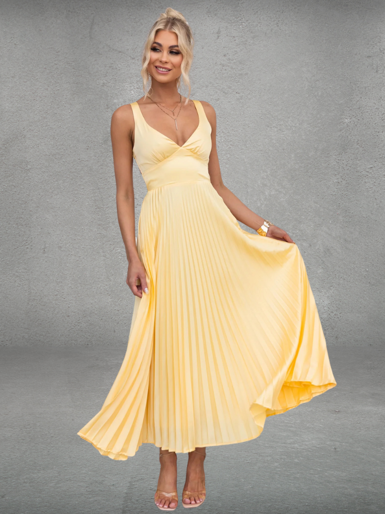 Plissee Midikleid Sommer Gelb V-Ausschnitt – Elina