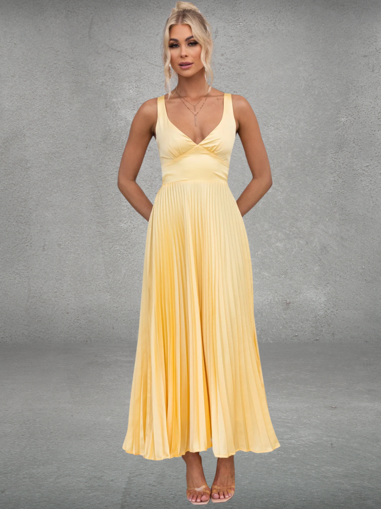 Plissee Midikleid Sommer Gelb V-Ausschnitt – Elina