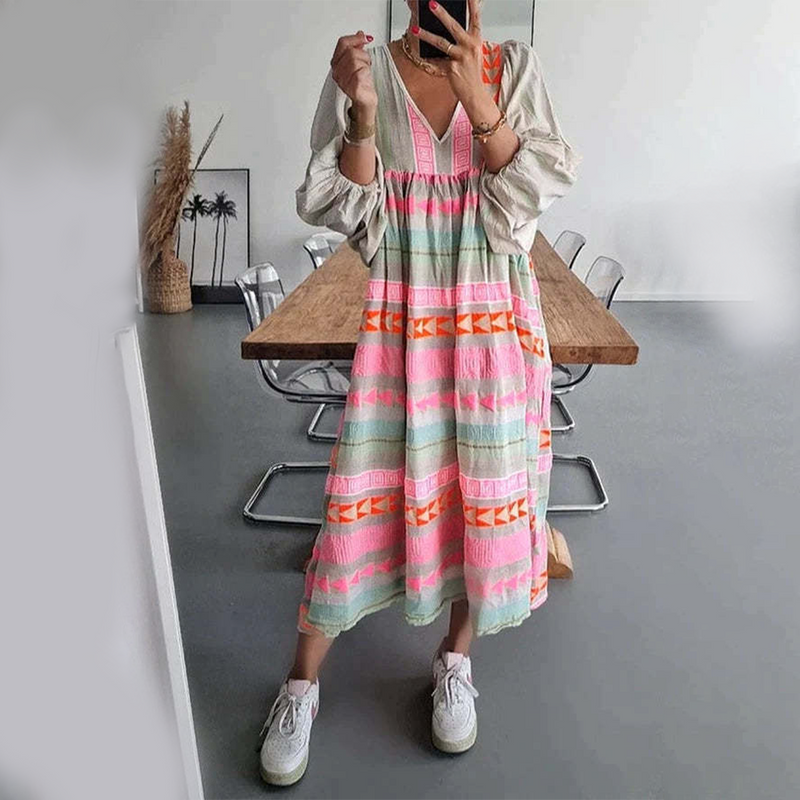 Buntes Boho Kleid mit Taillenraffung – Melina