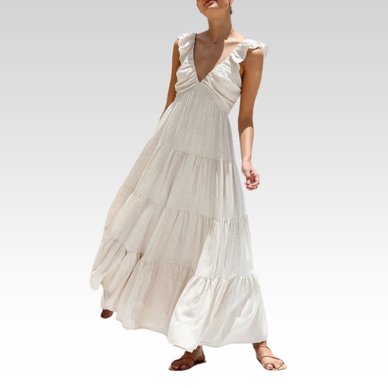 Leinen Maxikleid V-Ausschnitt Elegant Luftig Damen – Elviana