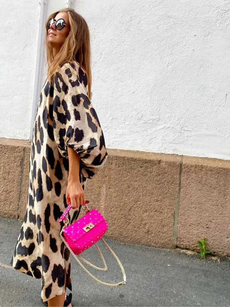 Damen Kleid Animal Print Locker Midi Chic – Nora