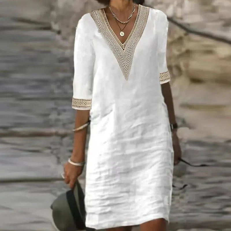 Leinenkleid Damen V-Ausschnitt Sommer elegant luftig – Florenya