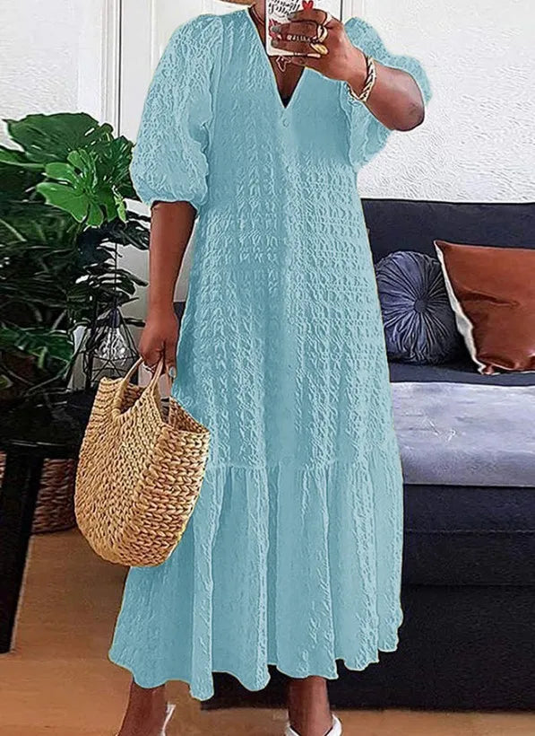 Übergrößen Maxikleid mit V-Ausschnitt und Puffärmeln – Lena