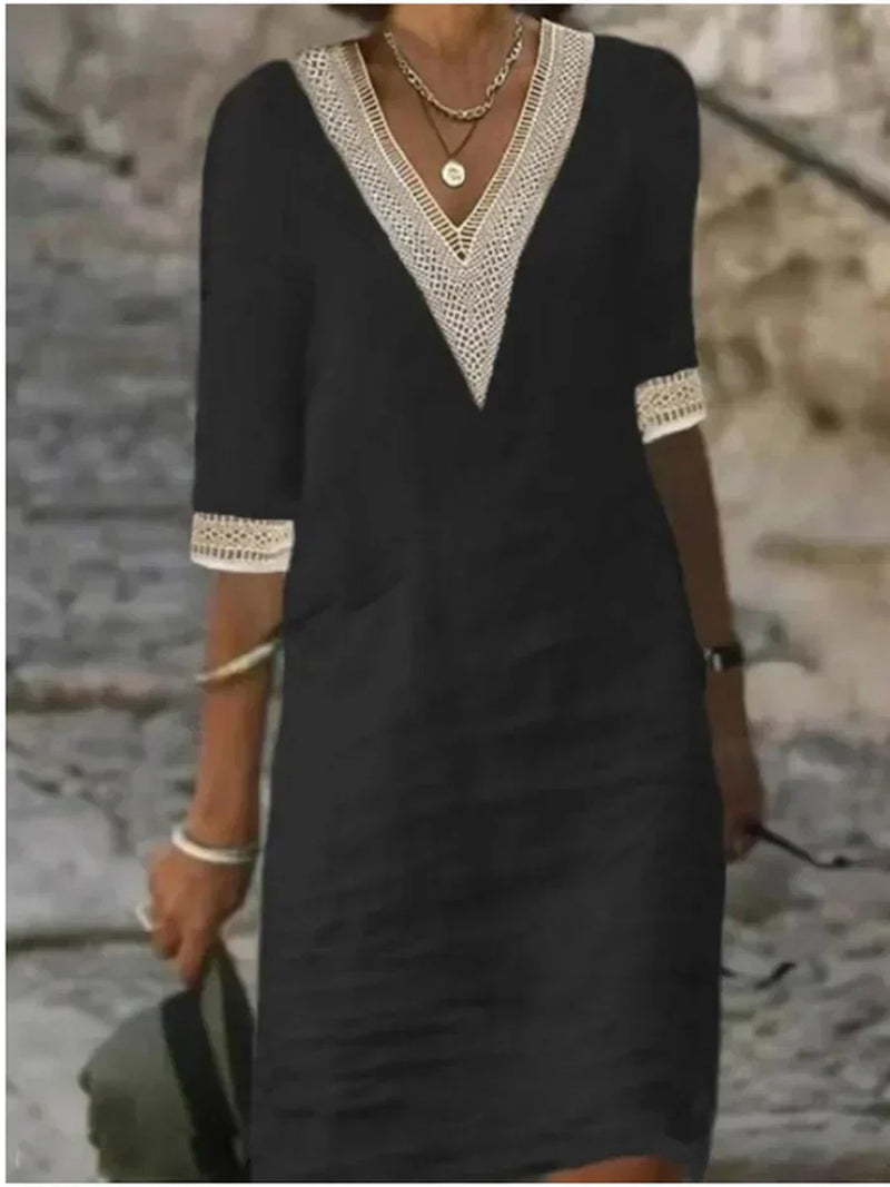 Leinenkleid Damen V-Ausschnitt Sommer elegant luftig – Florenya