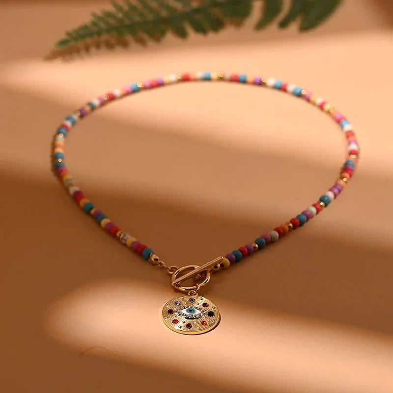 Bunte Steinperlen Halskette mit Evil Eye Anhänger – Leonie