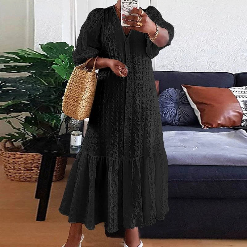 Übergrößen Maxikleid mit V-Ausschnitt und Puffärmeln – Lena