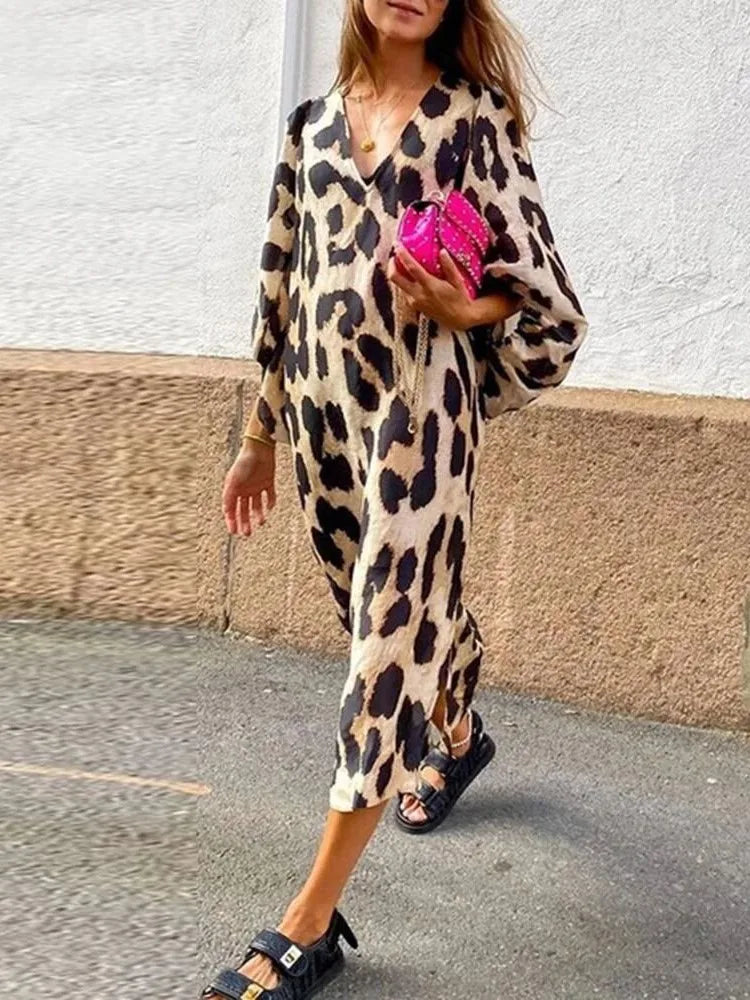 Damen Kleid Animal Print Locker Midi Chic – Nora