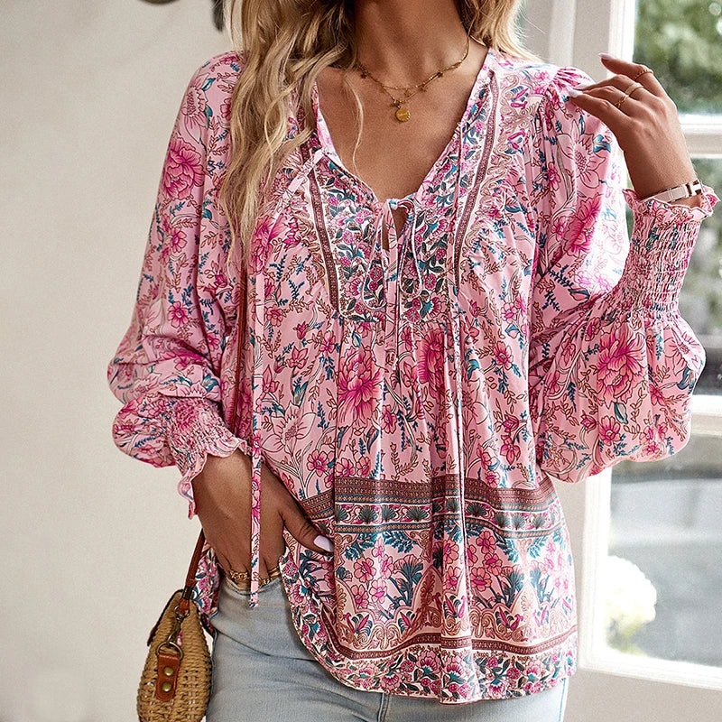 Vintage Blumenbluse Damen mit V-Ausschnitt Stil – Liorena