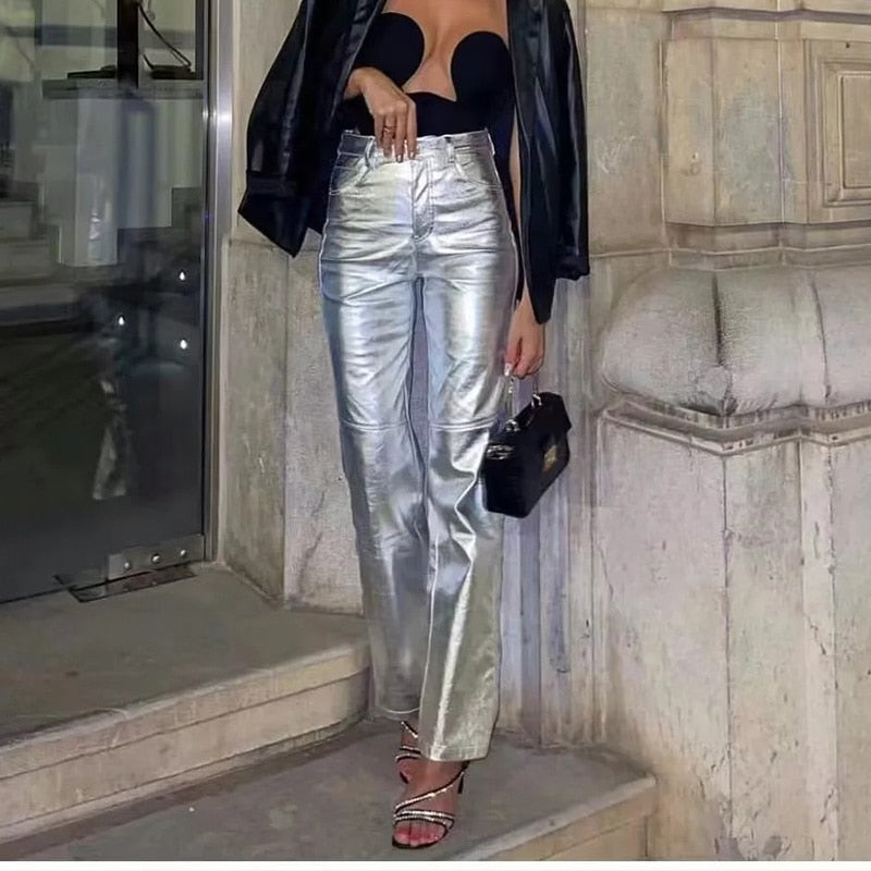 Trendige Damen-Metallic-Hose mit hoher Taille – Alissa