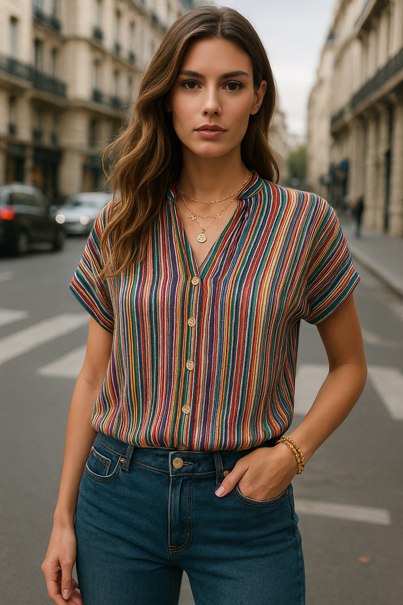 Gestreifte Bluse mit Knöpfen & V-Ausschnitt – Olivia