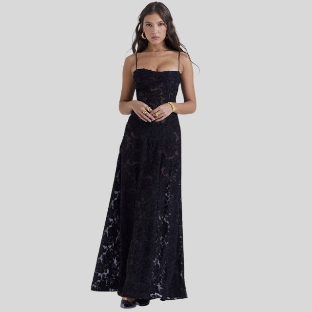 Schulterfreies Maxi-Kleid aus Spitze mit Schnürung – Eleonora