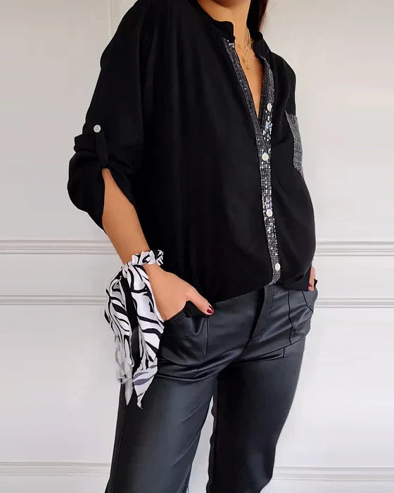 Damen Bluse Pailletten Elegant Button-Up Look – Lara
