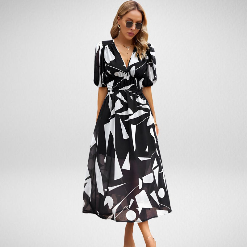 Bedrucktes Damenkleid mit V-Ausschnitt – Elara