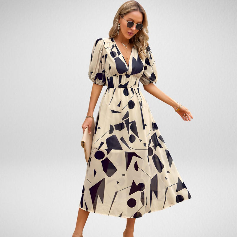 Bedrucktes Damenkleid mit V-Ausschnitt – Elara