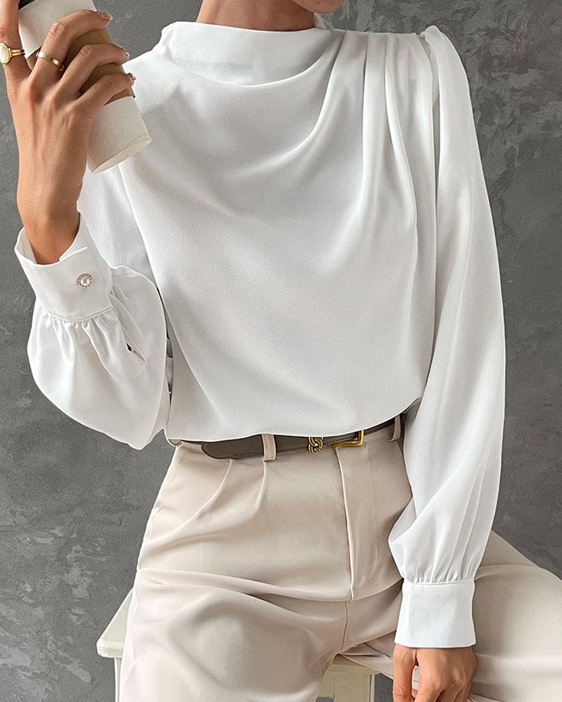 Damen Bluse Elegant Stehkragen Gerüscht Langarm Einfarbig - Emilia