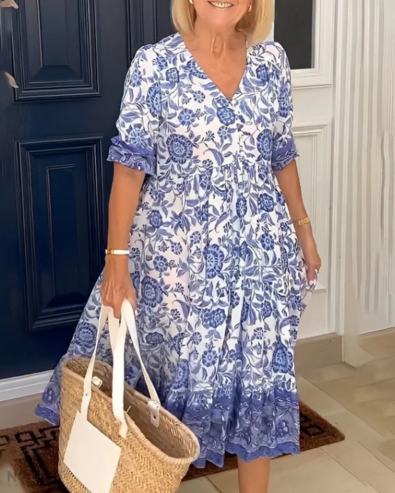 Blumen Maxikleid Damen Frühling V-Ausschnitt elegant – Sophie
