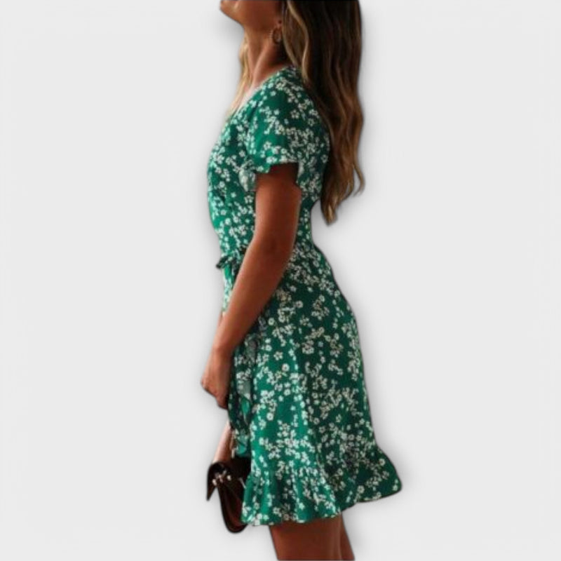 Boho Kleid Damen Wickeldesign Grün Blumen Sommer Elegant – Fiorenira