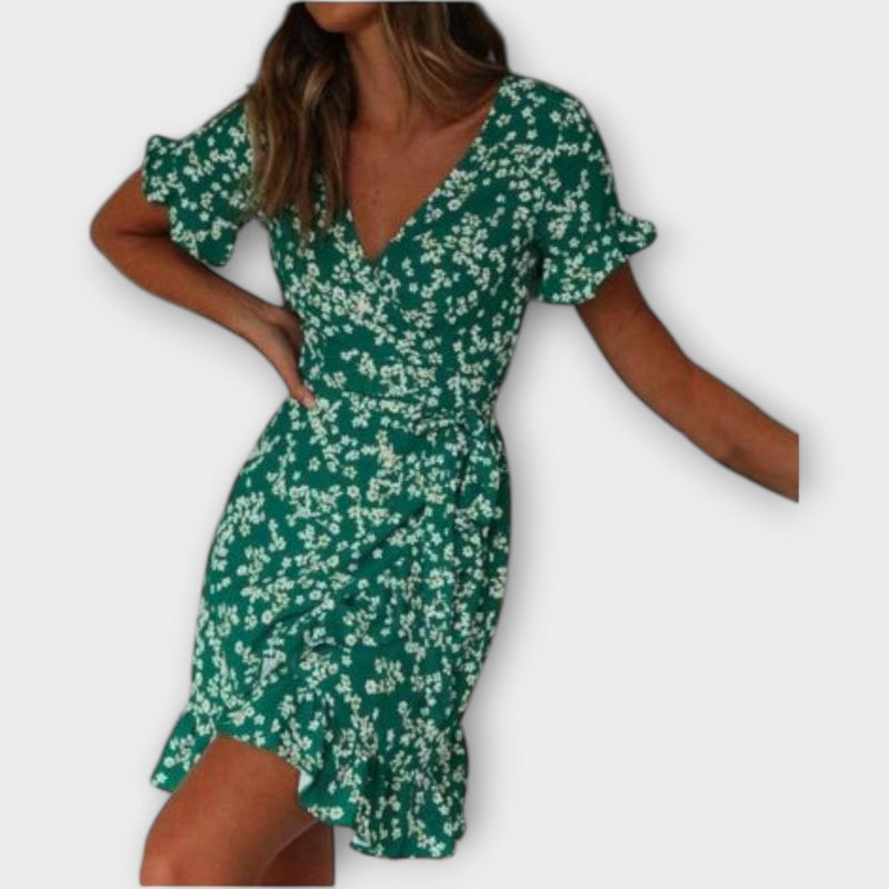 Boho Kleid Damen Wickeldesign Grün Blumen Sommer Elegant – Fiorenira