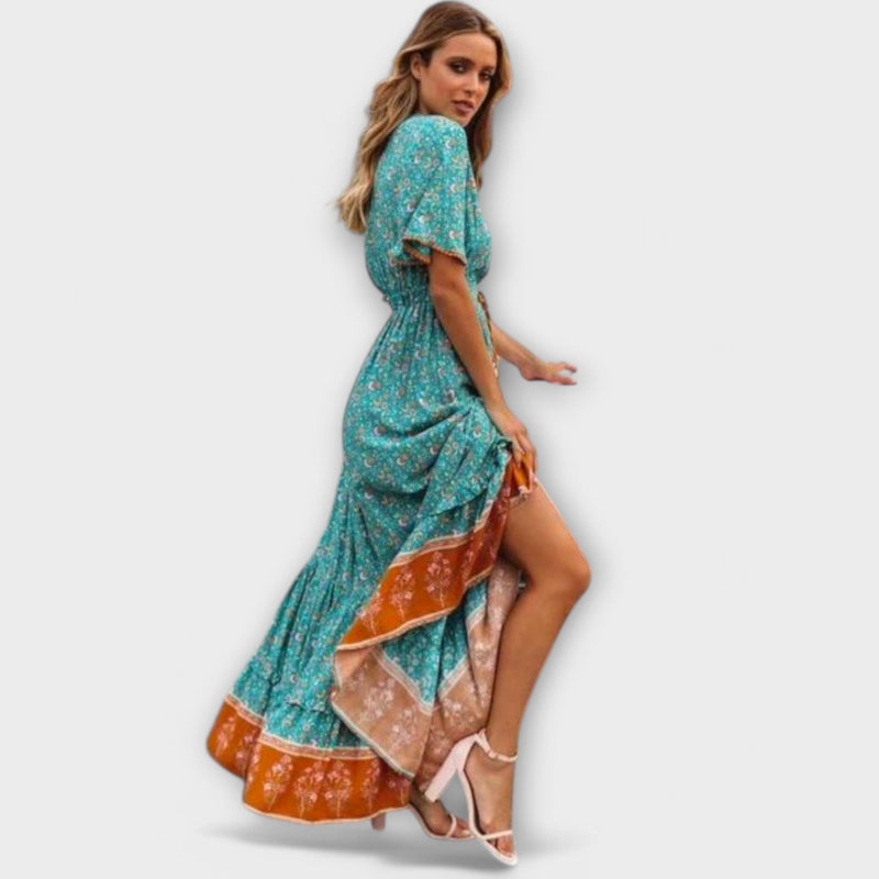 Boho Maxikleid Damen Blumen Sommer Elegant Schlitz – Valanira