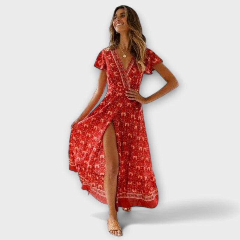 Boho Kleid Damen Rot Sommer Elegant V-Ausschnitt Schlitz – Floranira