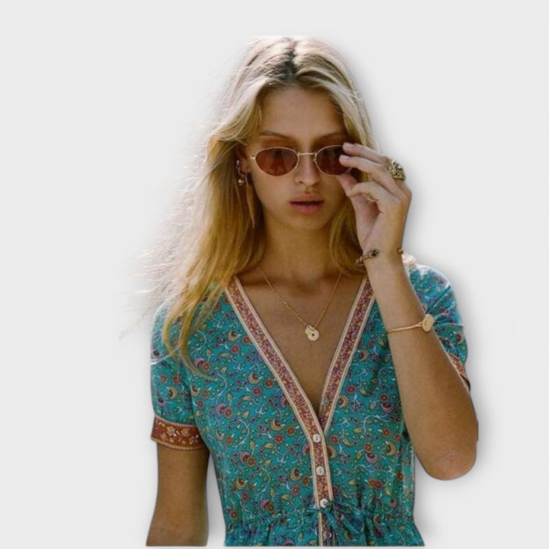 Boho Sommerkleid mit Blumenprint und V-Ausschnitt – Alina