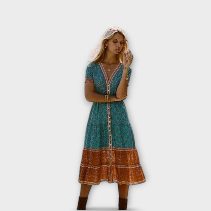 Boho Sommerkleid mit Blumenprint und V-Ausschnitt – Alina