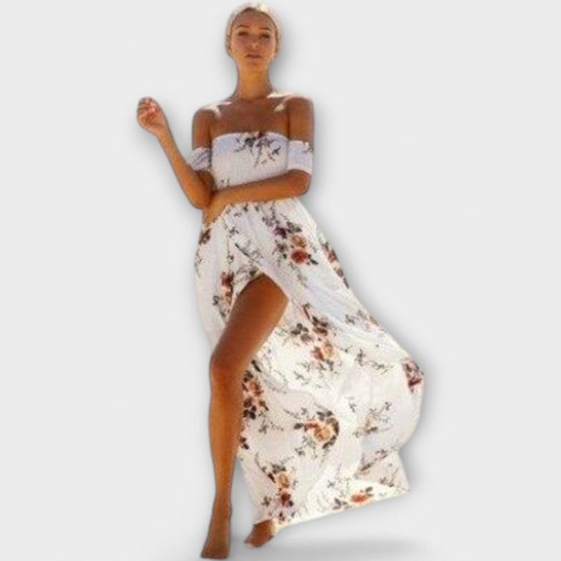 Boho Midikleid Damen Schulterfrei Blumen Sommer Elegant – Elaniva