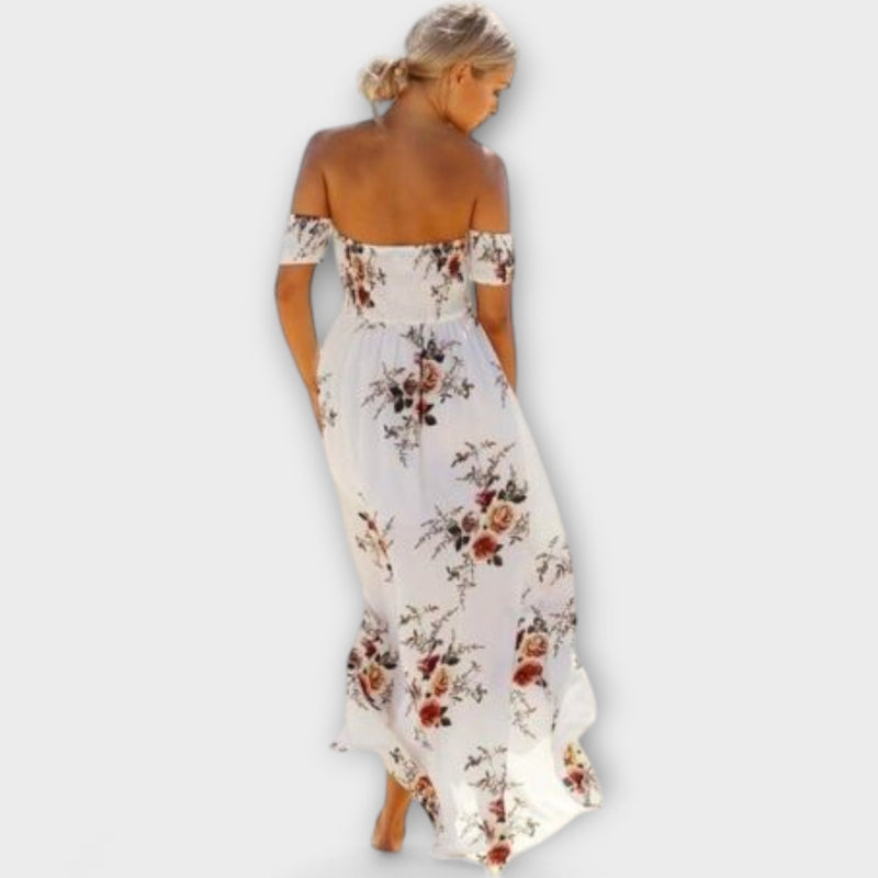 Boho Midikleid Damen Schulterfrei Blumen Sommer Elegant – Elaniva