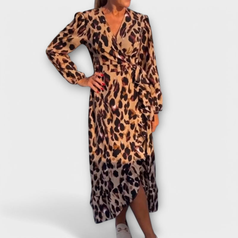 Leopardenkleid Damen V-Ausschnitt Elegant Gürtel Bequem – Selvarina